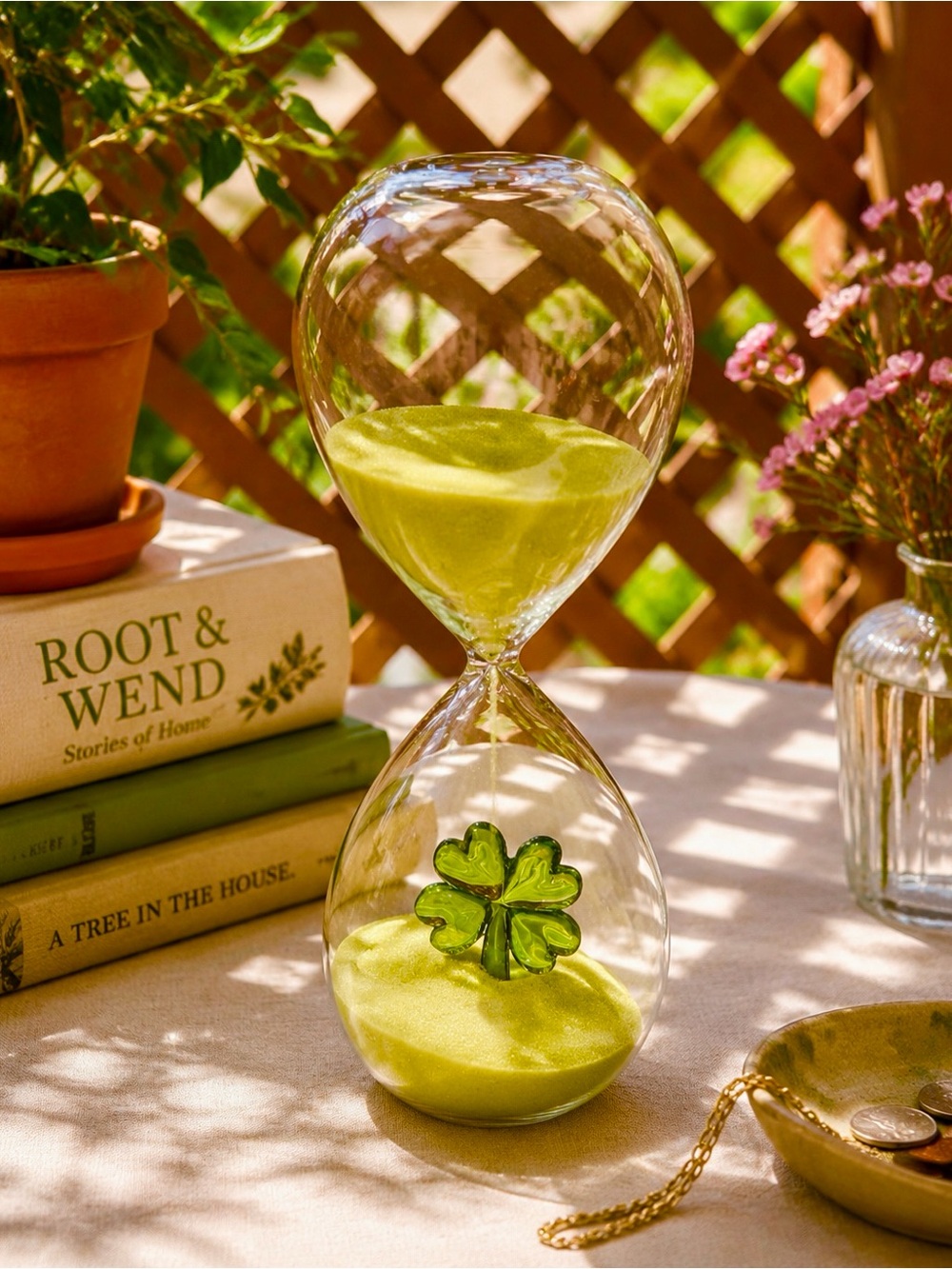Four Leaf Clover 15 Minute Glass Hourglass Green Sand Timer